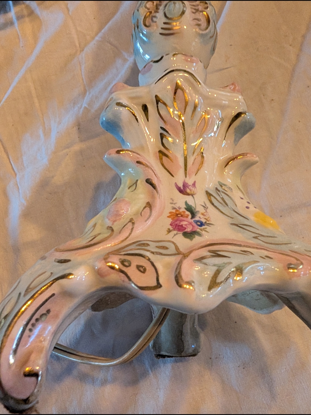 Vintage Porcelain Double Hurricane Lamp with Pink Floral and Gold Accents - Picture 10 of 11